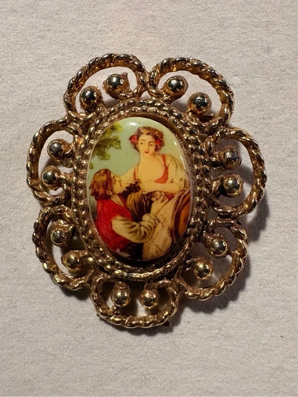 Gold-Tone Porcelain Cameo Brooch with Multicolor Scene